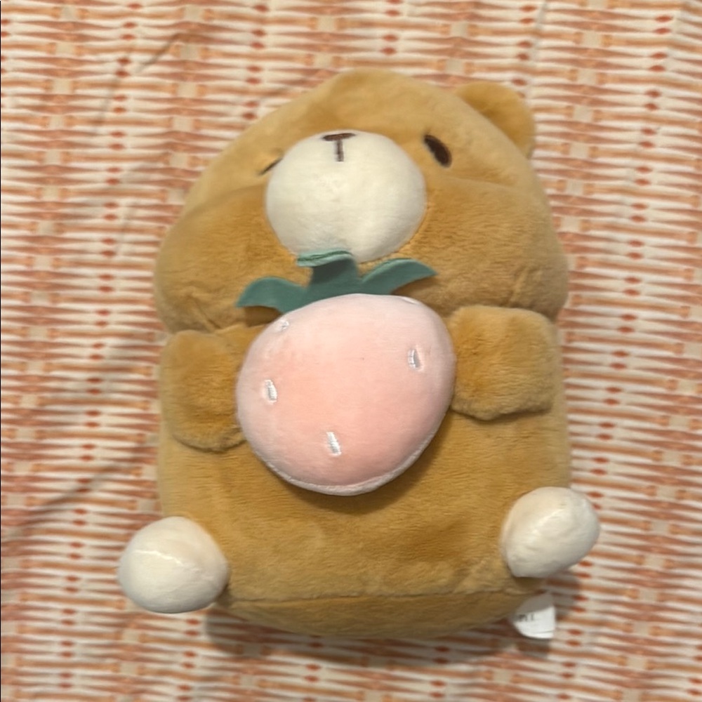 Adorable Tan Plush Bear with Pink Strawberry